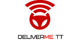 DeliverMe TT logo showing a red steering wheel with wireless signal bars above it and the brand name